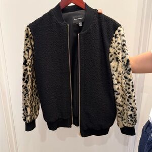 Club Monaco Black Bomber Jacket with Leopard Sleeves